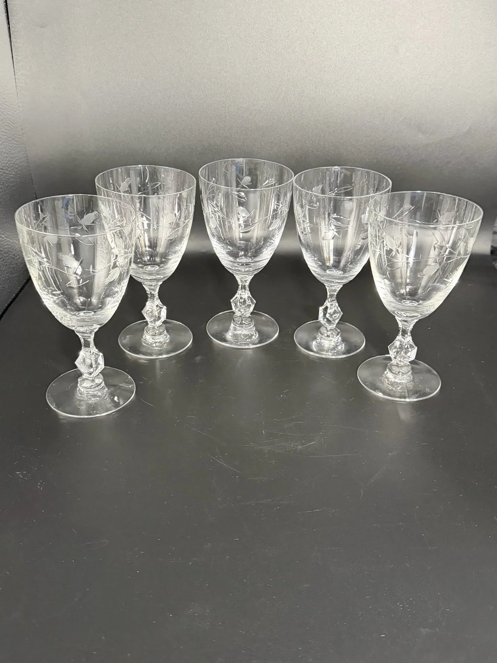 Vintage Etched Crystal Water Goblets  Faceted Stem Set of 5